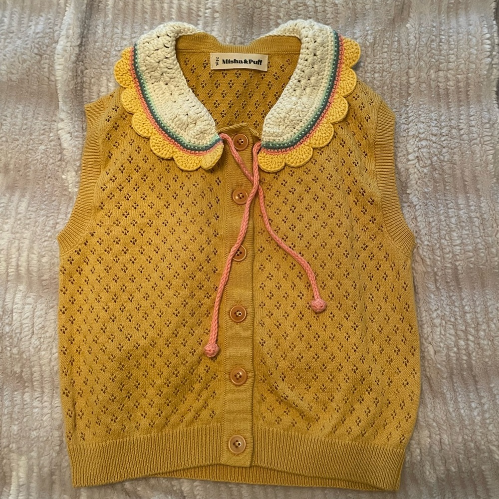 Misha And Puff Mustard Knit Vest with Multicolor Collar
